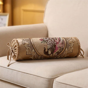 Housse de traversin cylindrique en jacquard doré brodé motif paon