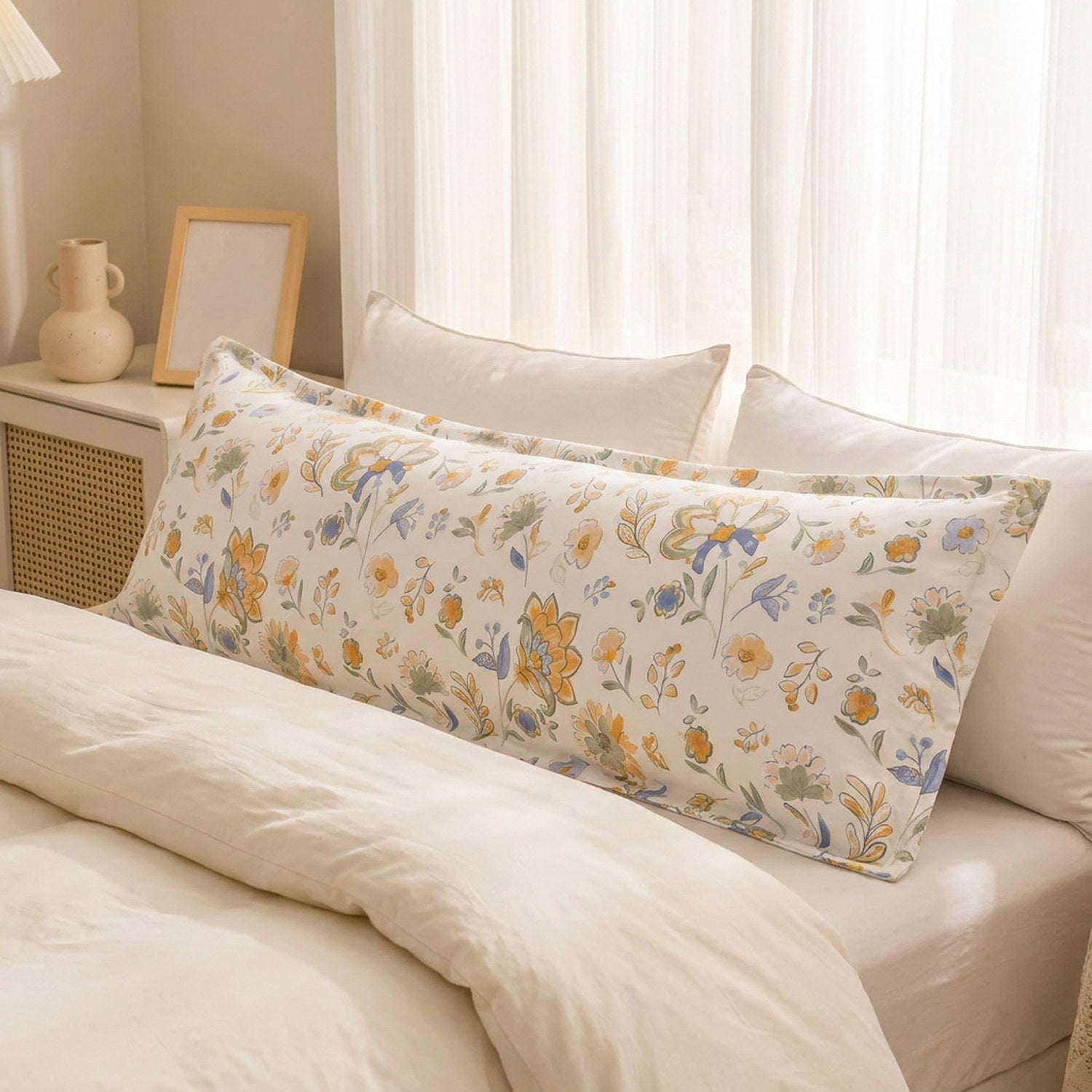 Taie d'oreiller longue multicolore à fleurs gros plan sur lit
