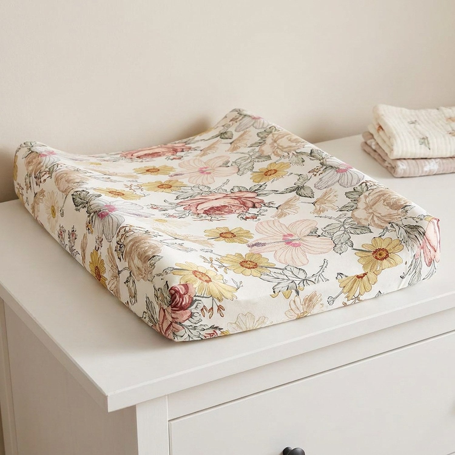 Housse de matelas à langer motif fleurs champêtres vintage