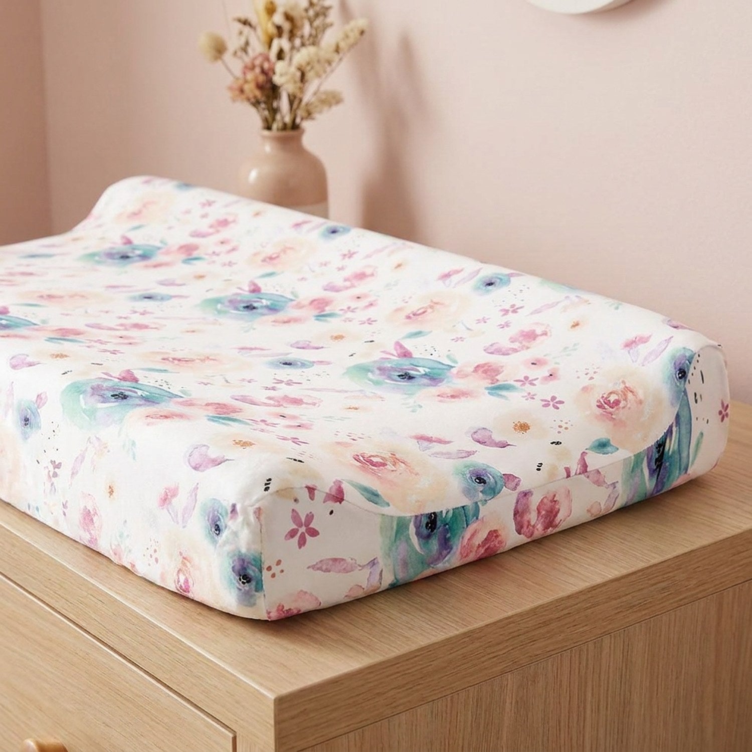 Housse de matelas à langer motif fleurs pastel aquarelle