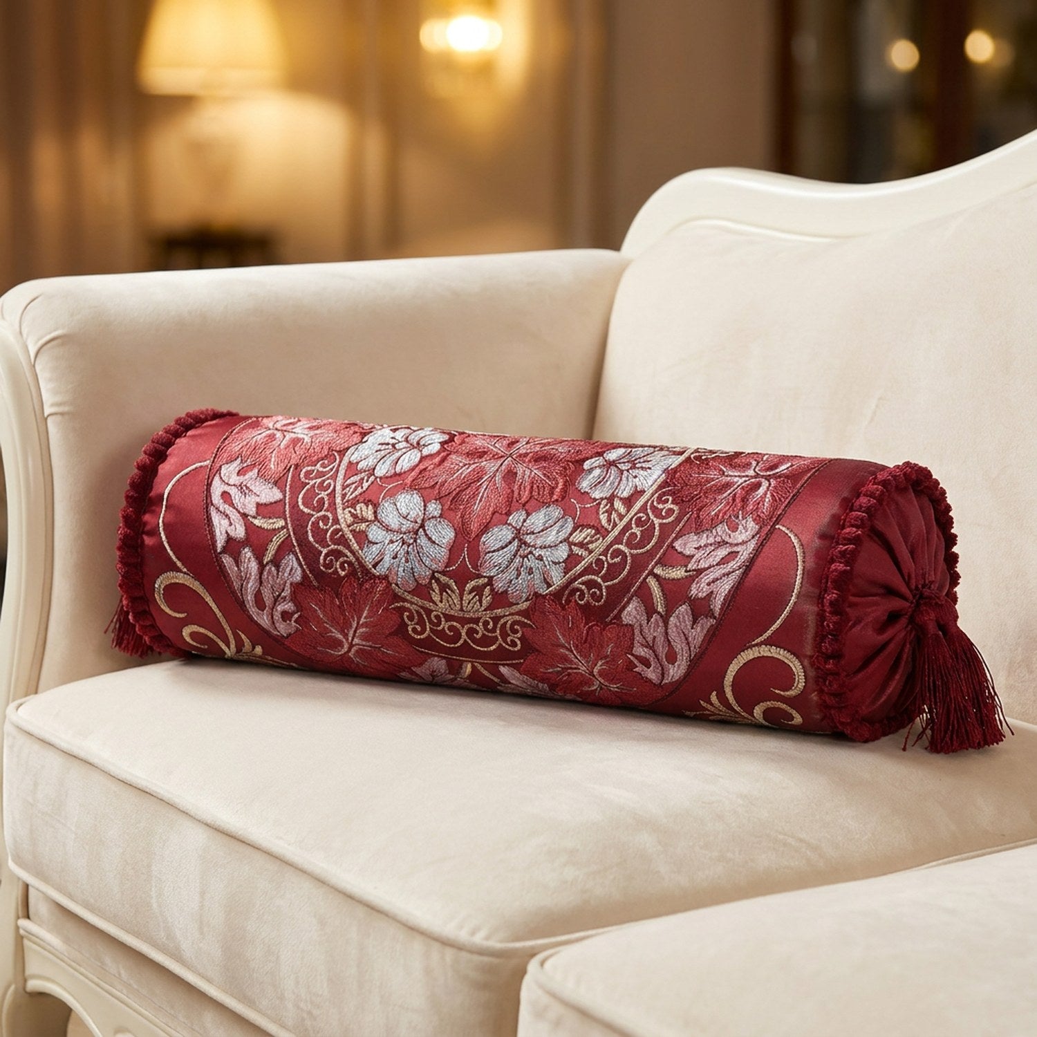 Housse de traversin cylindrique en jacquard grenat brodé de fleurs