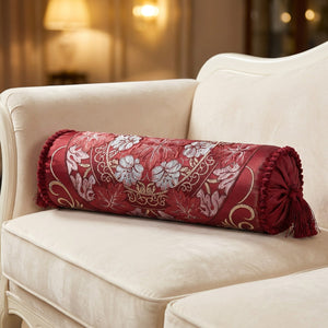 Housse de traversin cylindrique en jacquard grenat brodé de fleurs