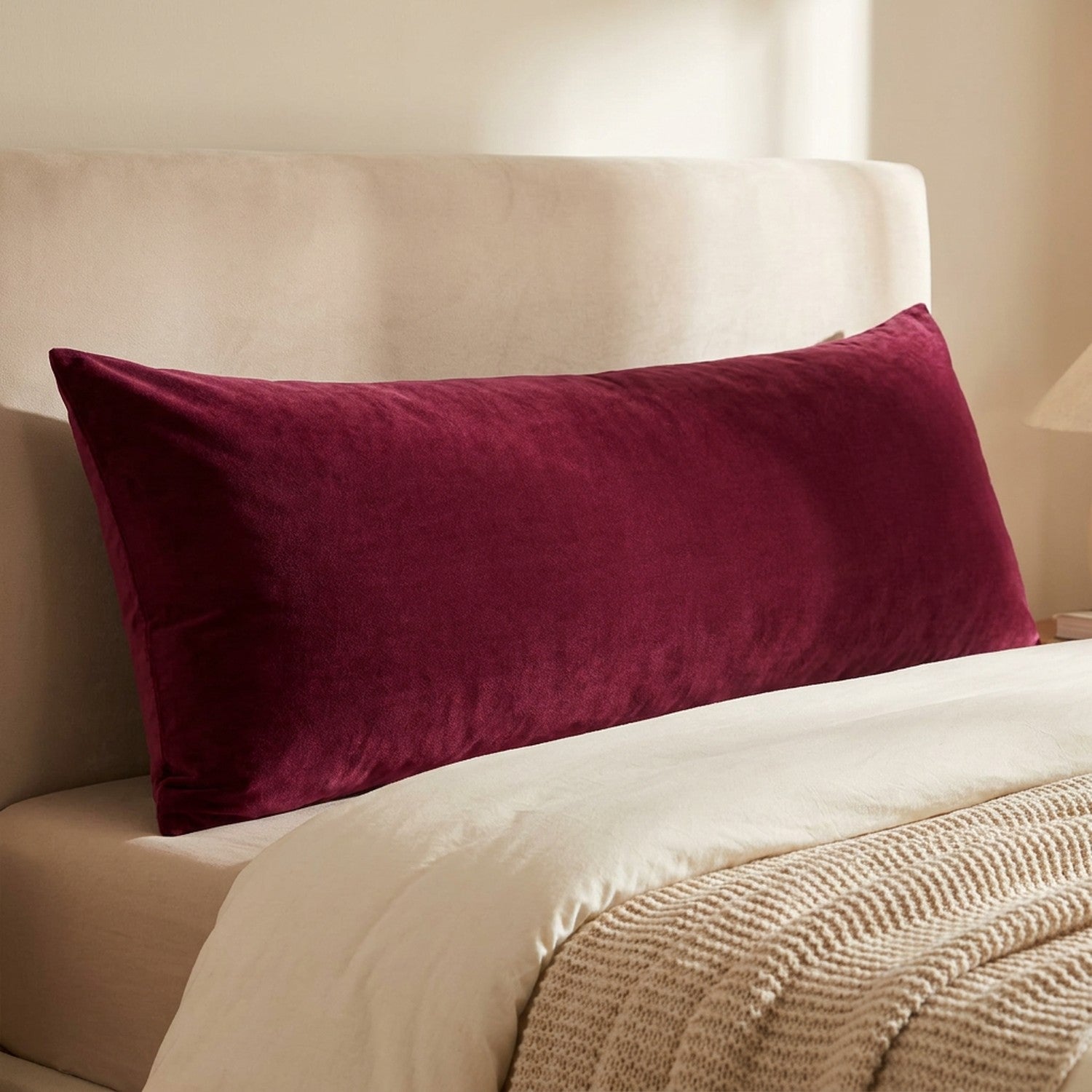 Housse de coussin en velours grenat vue de face sur un lit