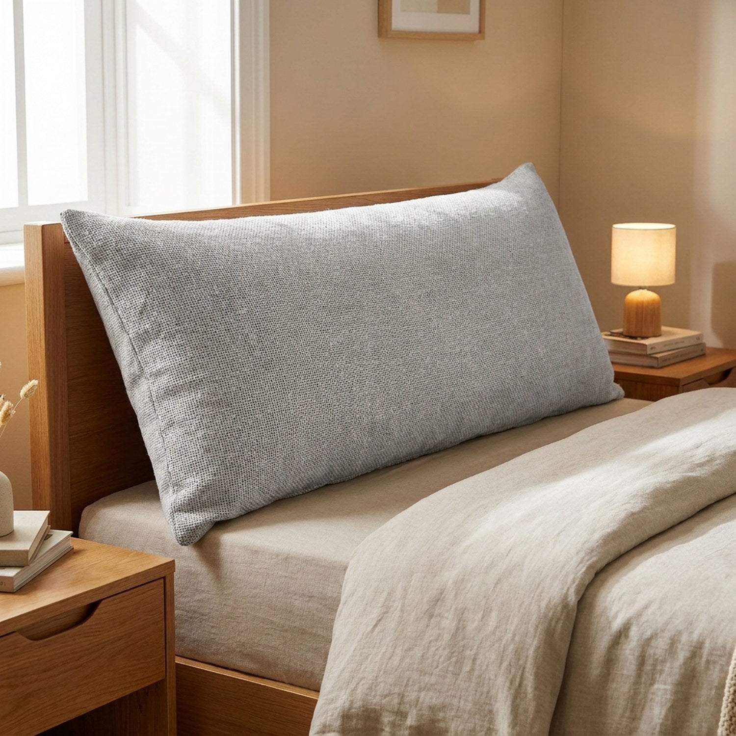 Housse de coussin longue en coton et lin gris clair sur une tête de lit
