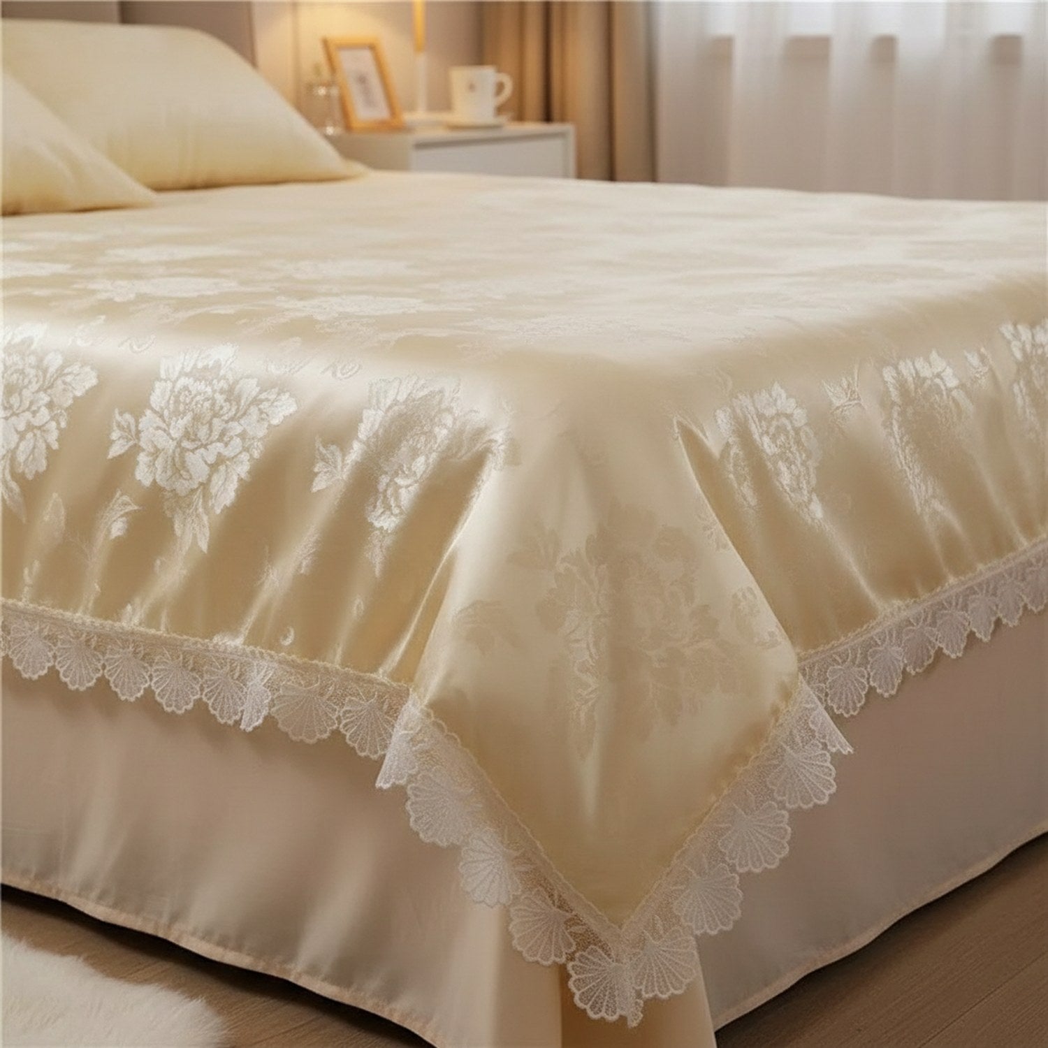 Couvre-lit en satin beige au motif floral et bordure en dentelle drapé sur un lit
