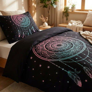 Parure de lit modèle Mandala mystique rose et turquoise sur fond noir