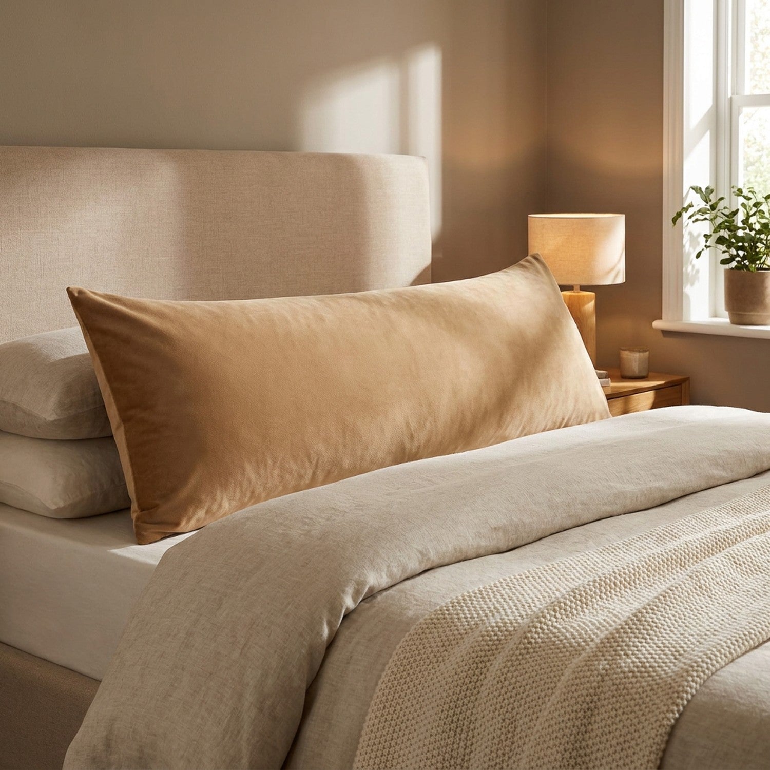 Housse de coussin en velours marron vue de face sur un lit