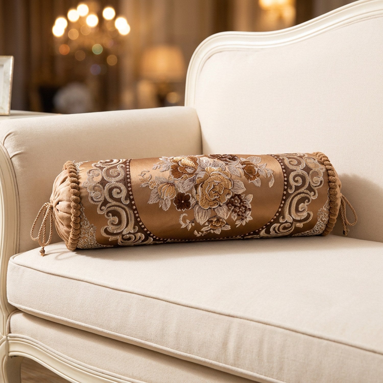 Housse de traversin cylindrique en jacquard marron caramel brodé de fleurs