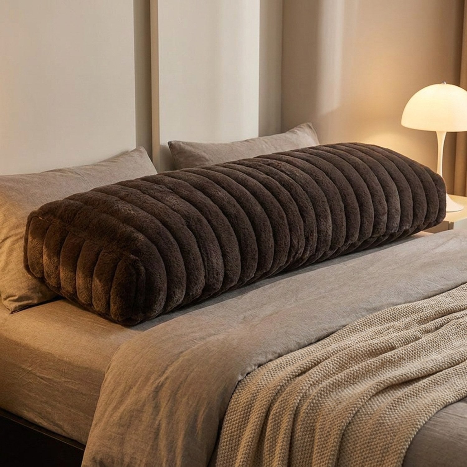Traversin en peluche marron sur un lit chambre cocooning