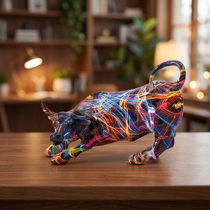 Statue taureau noir aux traits lumineux multicolores