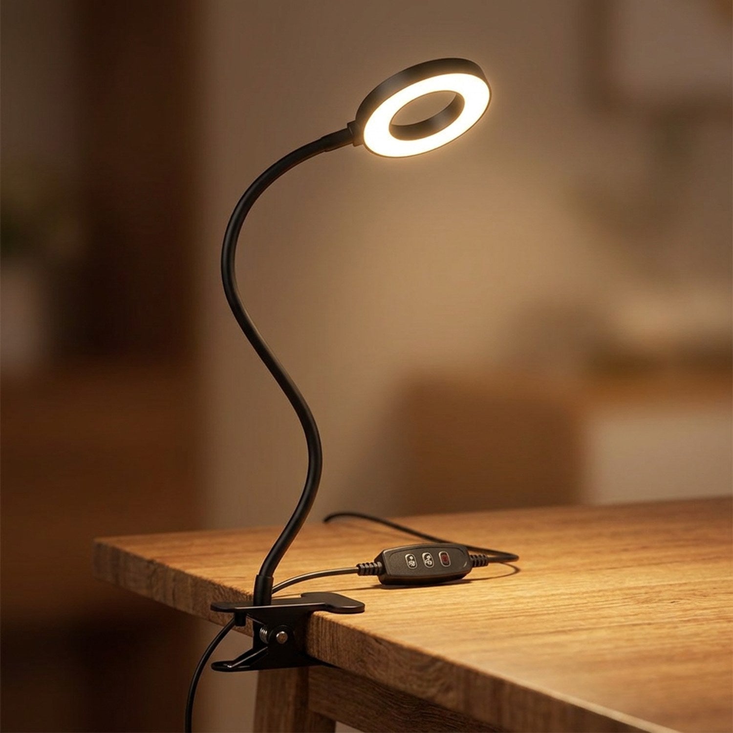 Lampe de bureau noire à pince avec col de cygne flexible