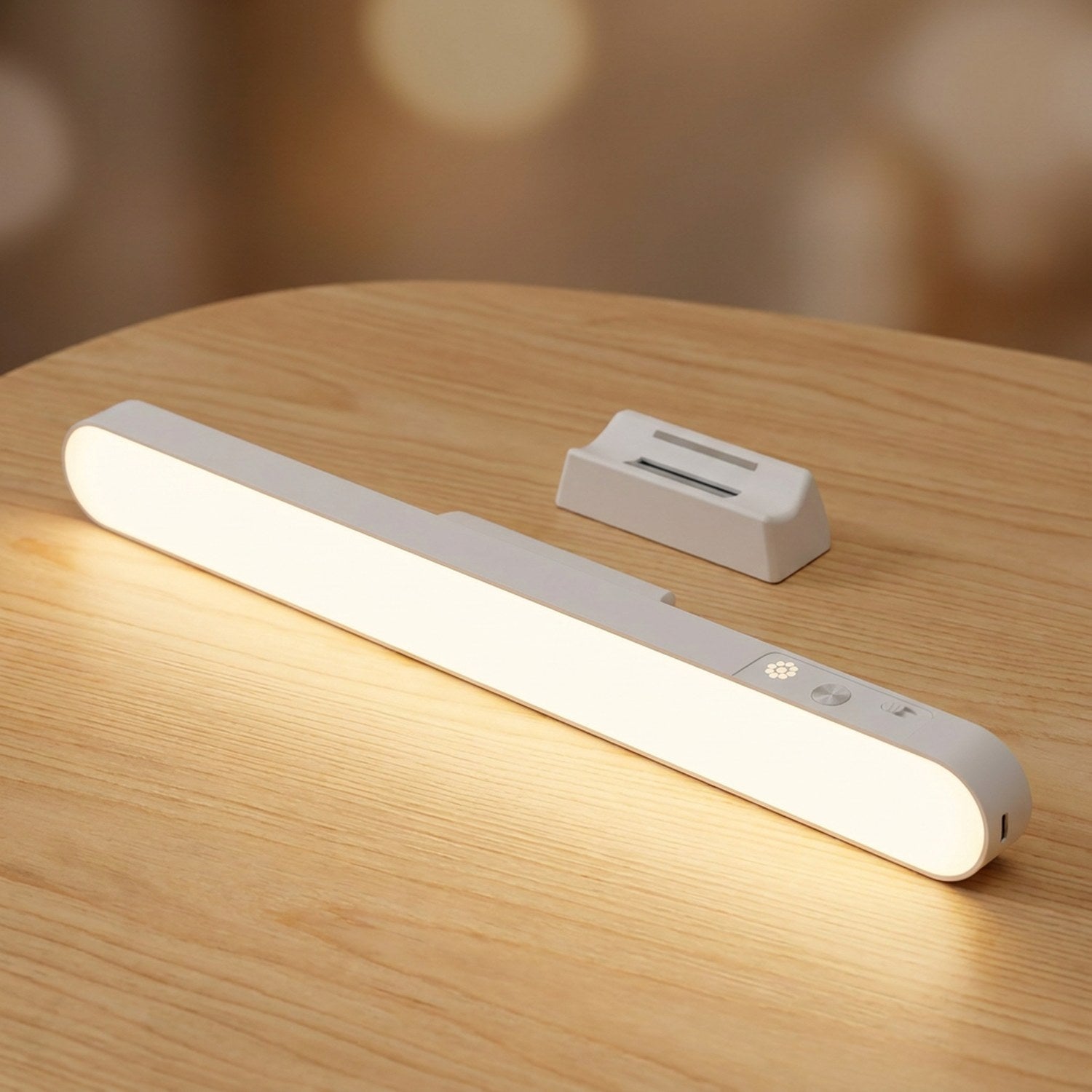Lampe de bureau LED sans fil avec son support magnétique posée sur du bois