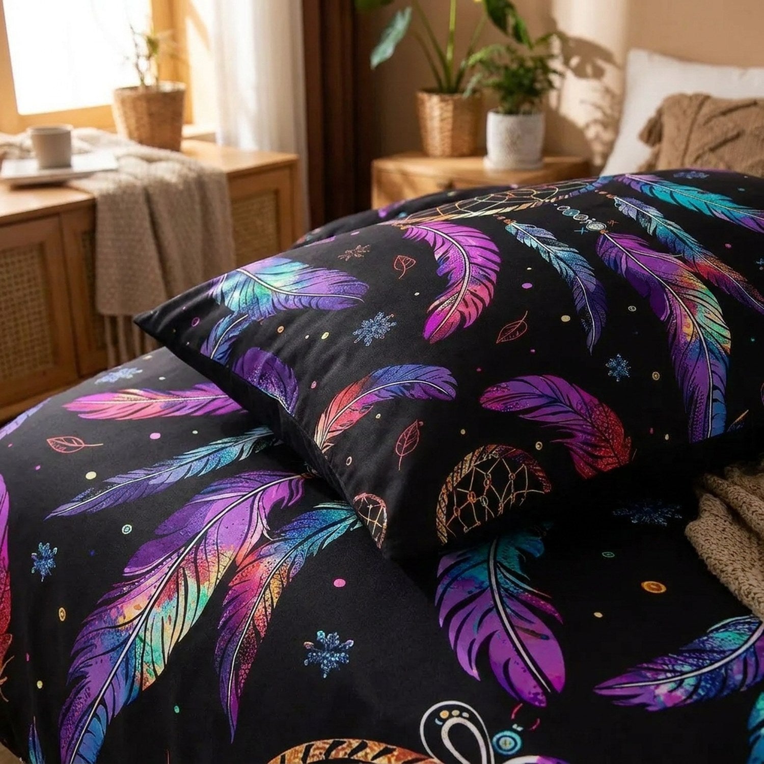 Parure de lit modèle Nuit boho plumes violettes et turquoise sur fond noir