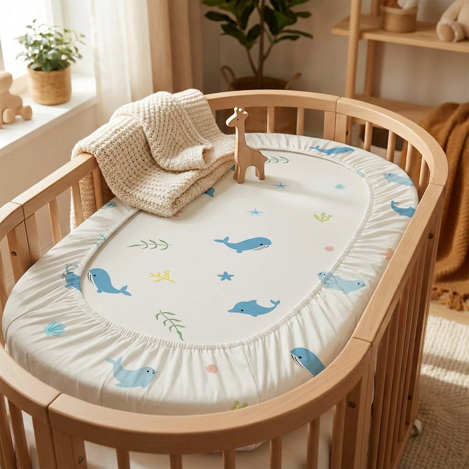 Drap housse berceau bébé crème motif dauphins et baleines