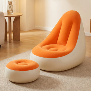 Fauteuil gonflable de relaxation floqué orange avec son pouf repose-pieds