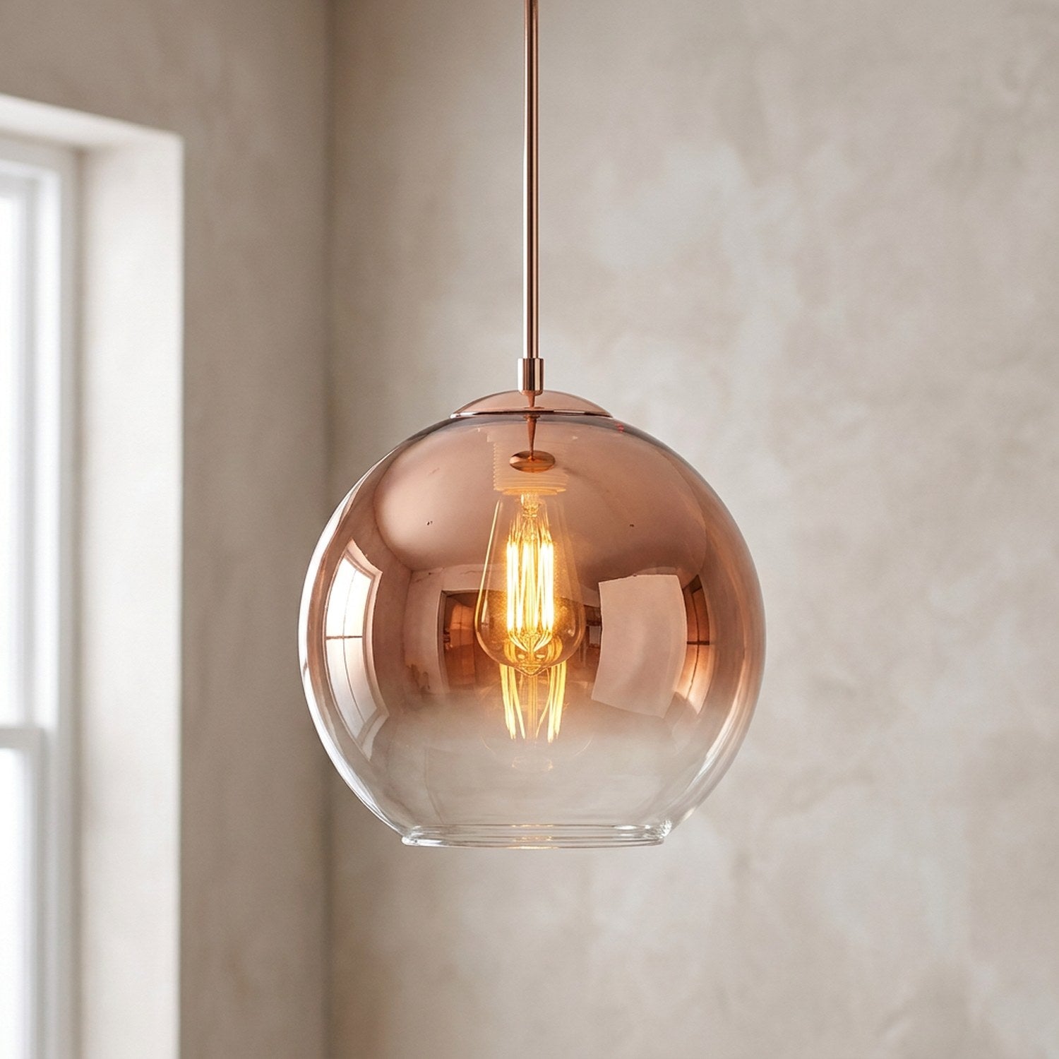 Suspension boule de verre au dégradé or rose avec ampoule Edison allumée