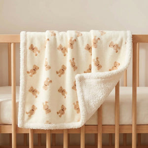 Couverture bébé motif ours beige avec doublure peluche