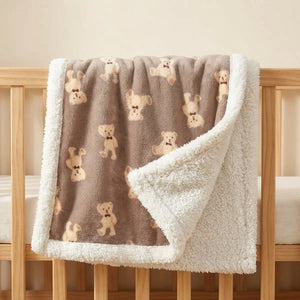 Couverture bébé motif ours café avec doublure peluche
