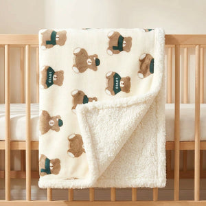 Couverture bébé motif ours au col vert avec doublure peluche