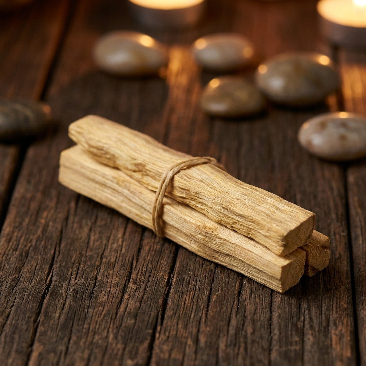 Bâtons d'encens Palo Santo naturels dorés groupés avec pierres et bougies