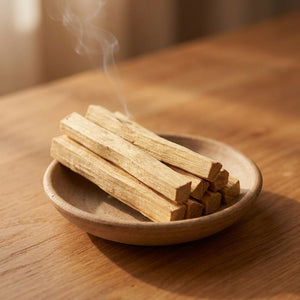 Bâtonnets de Palo Santo en bois naturel clair dans une coupelle