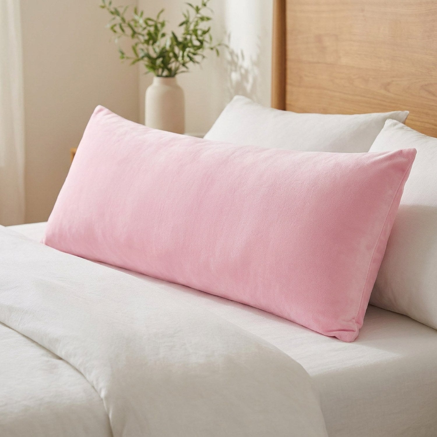 Housse de coussin traversin en peluche rose unie