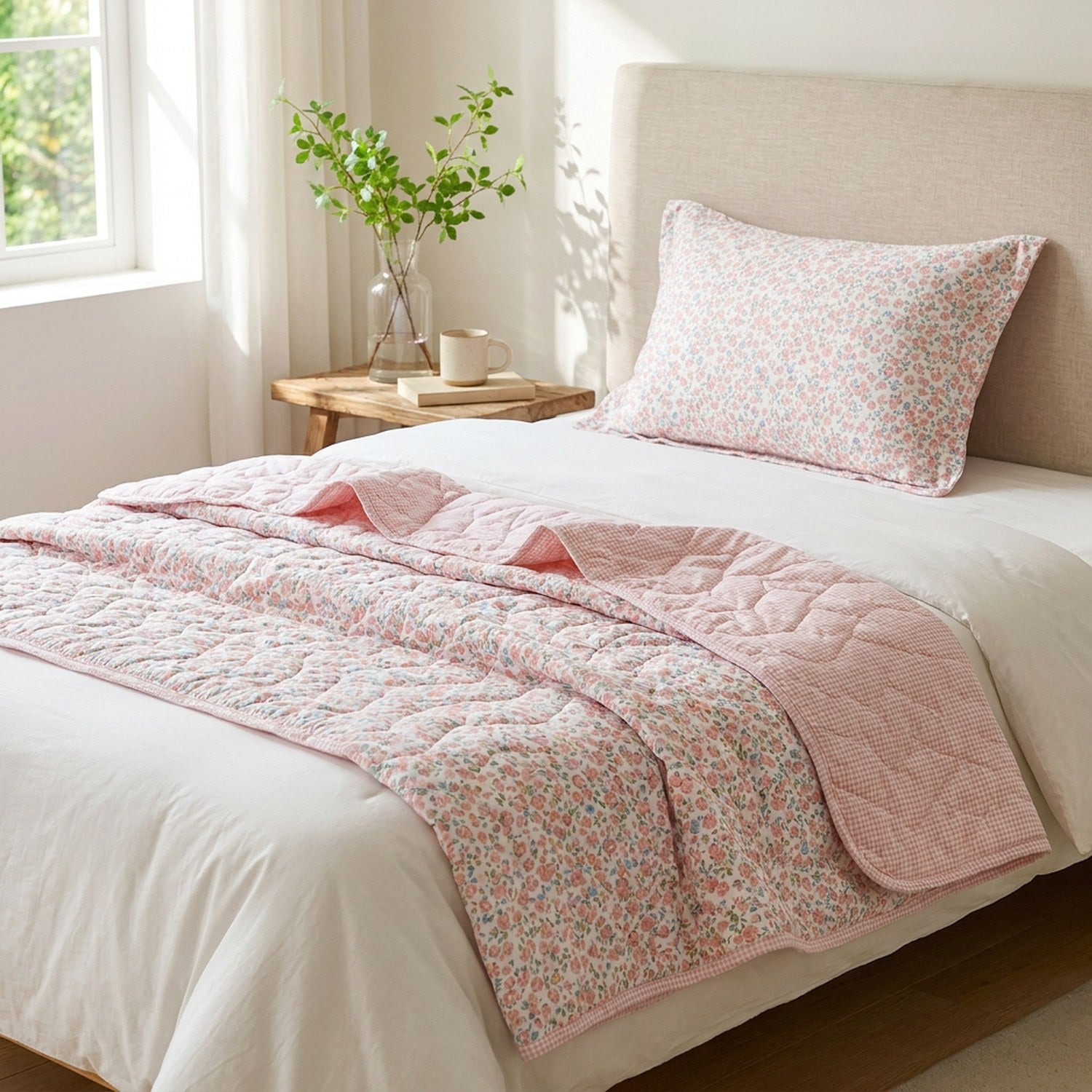 Couette d'été matelassée rose à motif floral installée sur un lit