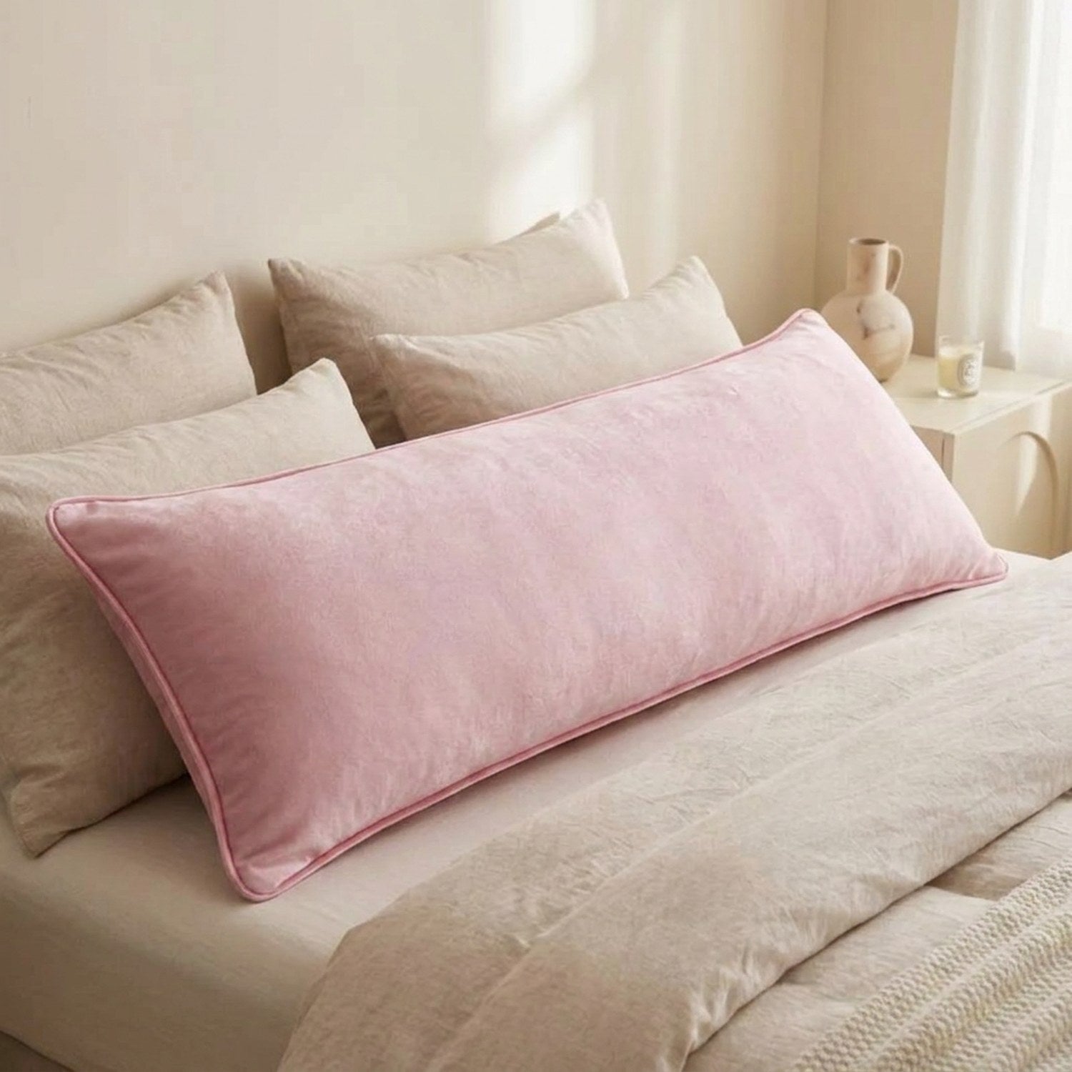 Taie d'oreiller longue couleur rose gros plan sur lit