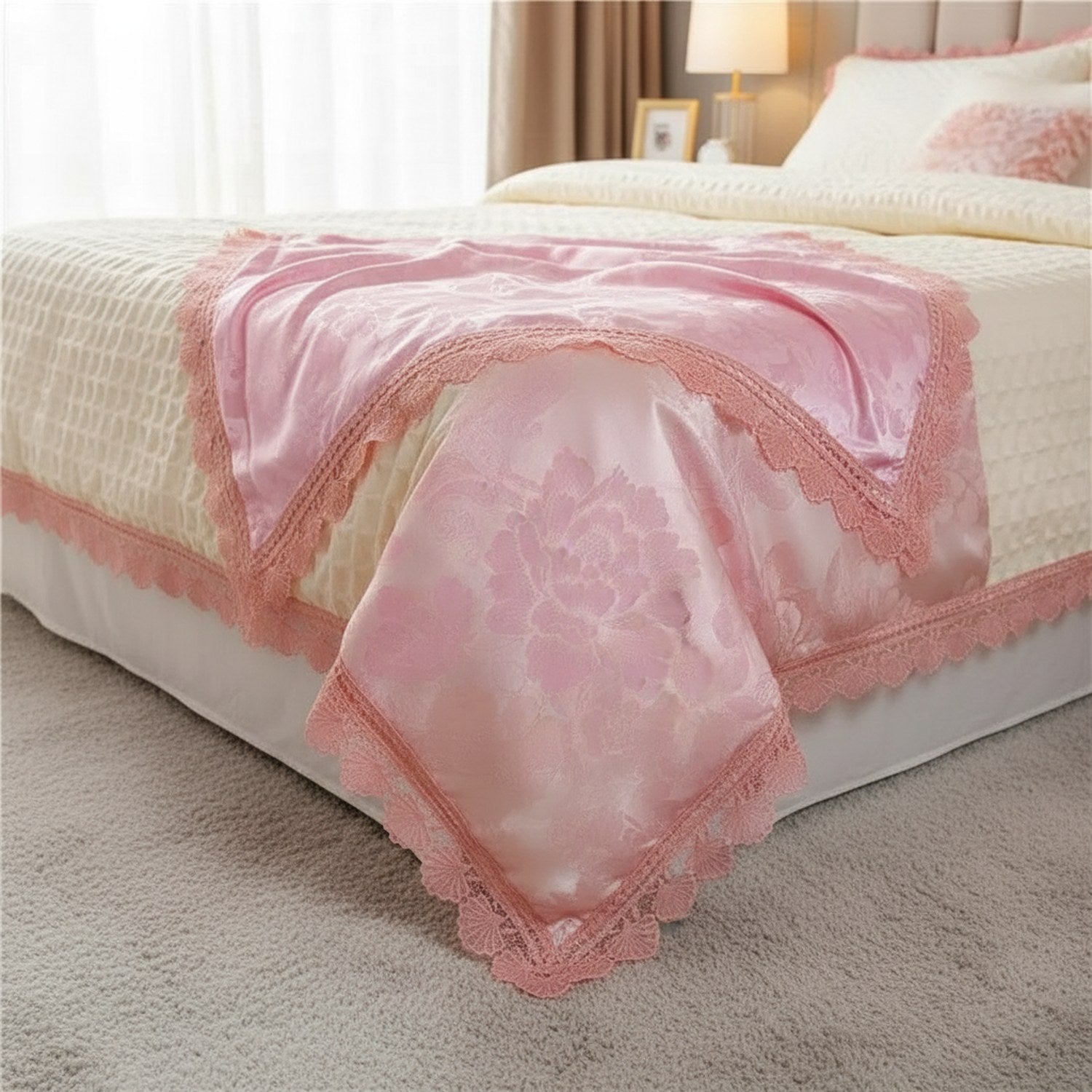Couvre-lit en satin rose au motif floral et bordure en dentelle drapé sur un lit