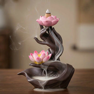 Brûleur d'encens à reflux en céramique brune avec lotus rose