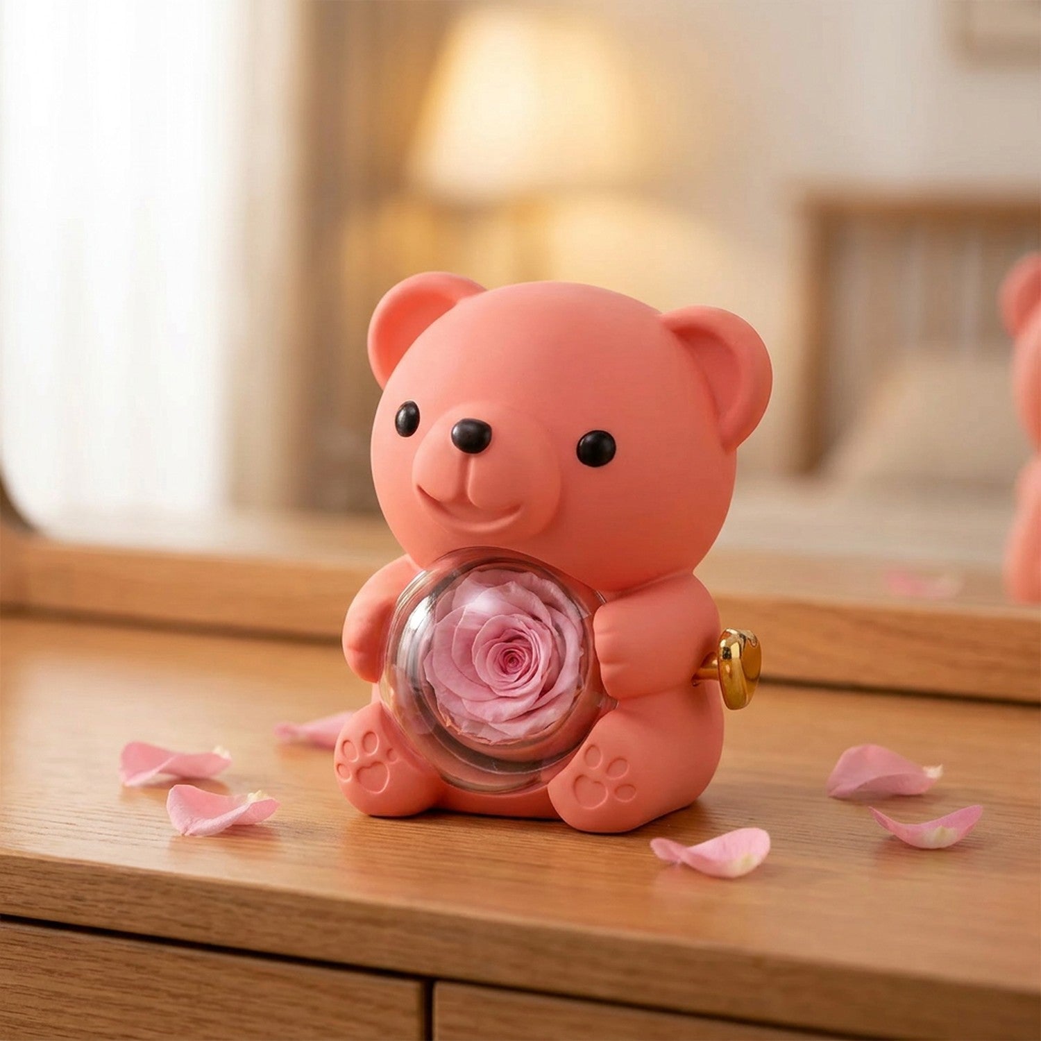 Boîte à bijoux ourson rose avec rose pivotante