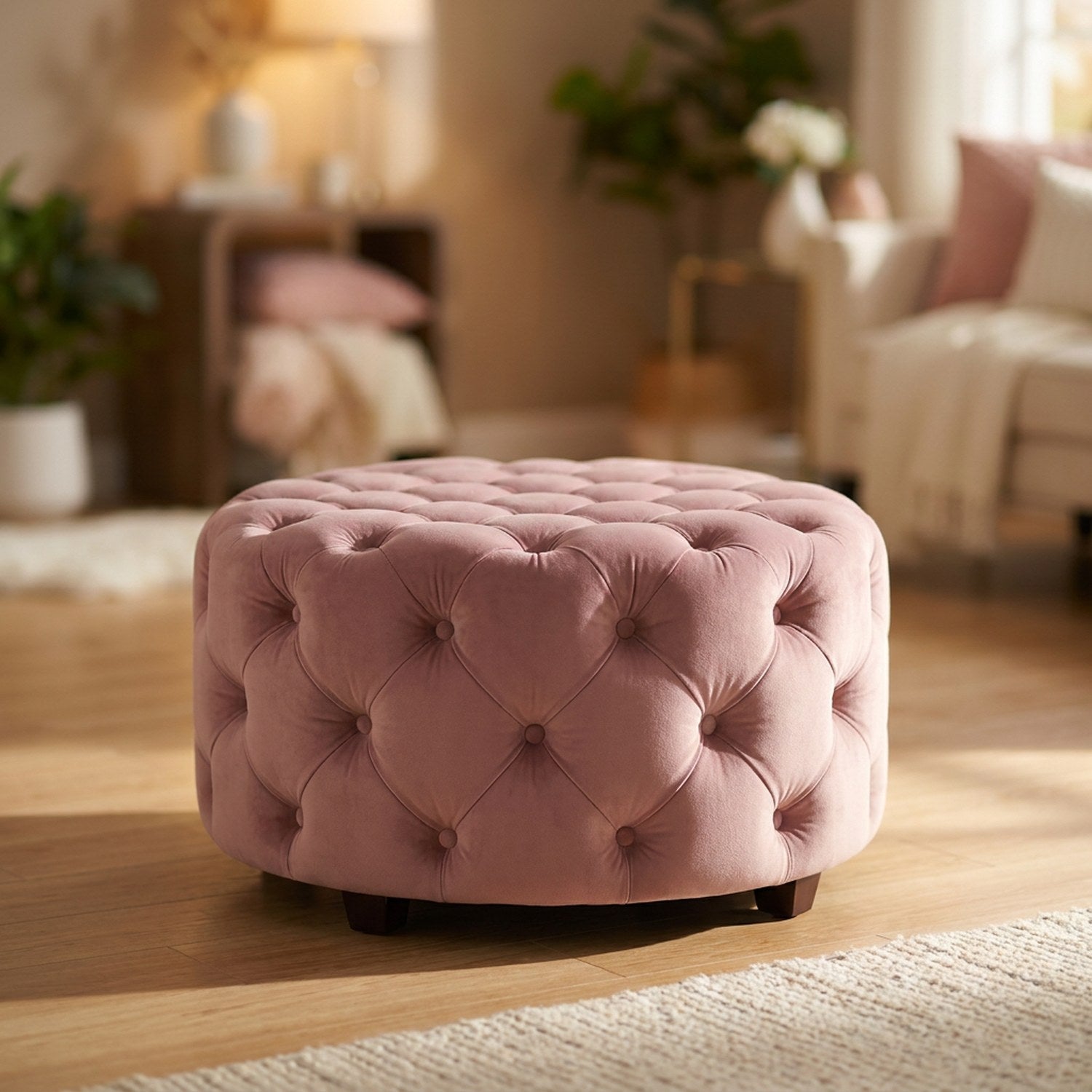 Tabouret pouf rond en velours rose foncé capitonné sur parquet