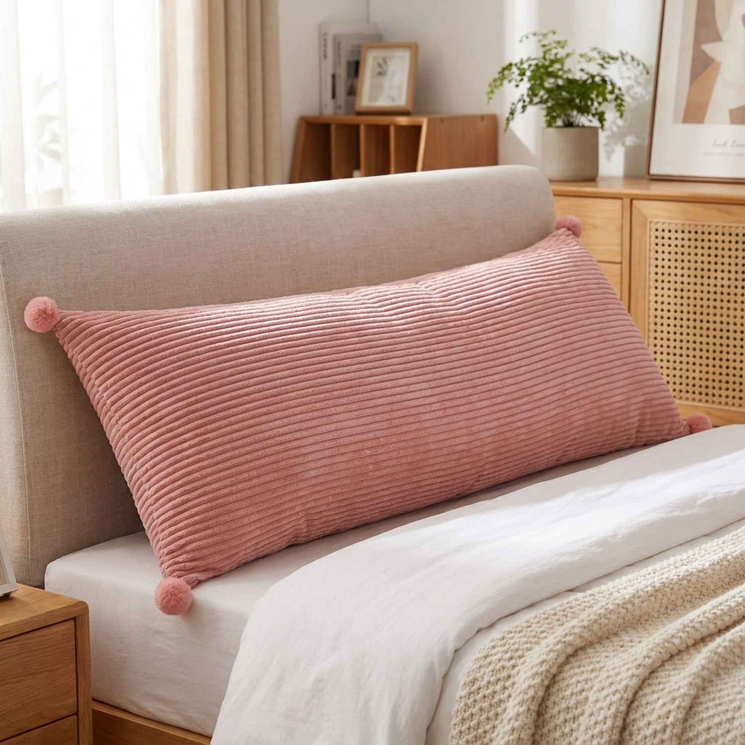 Coussin long en velours côtelé rose orné de pompons sur un lit