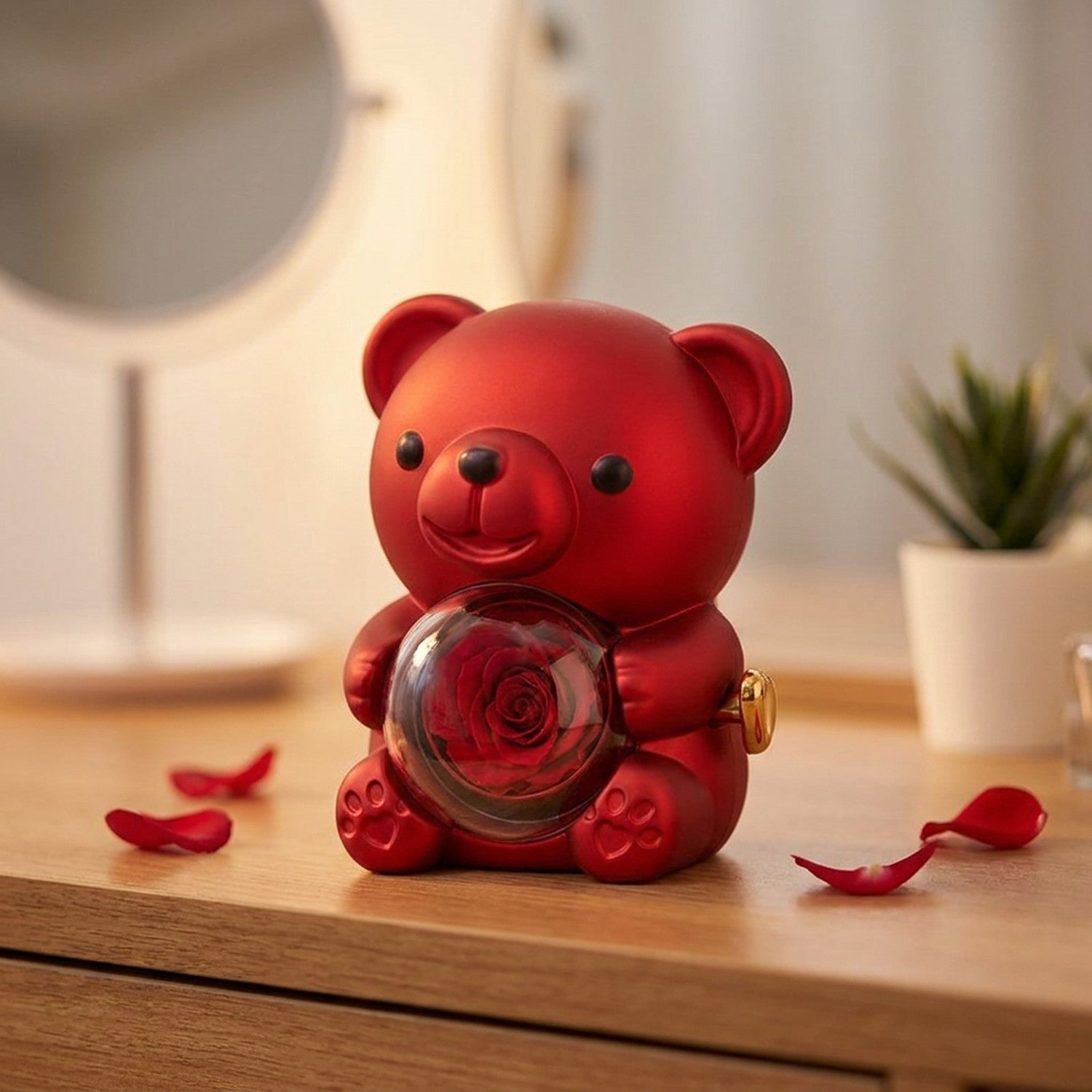 Boîte à bijoux ourson rouge avec rose rouge pivotante