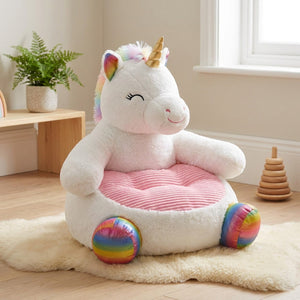 Fauteuil enfant en peluche licorne blanche à crinière arc-en-ciel