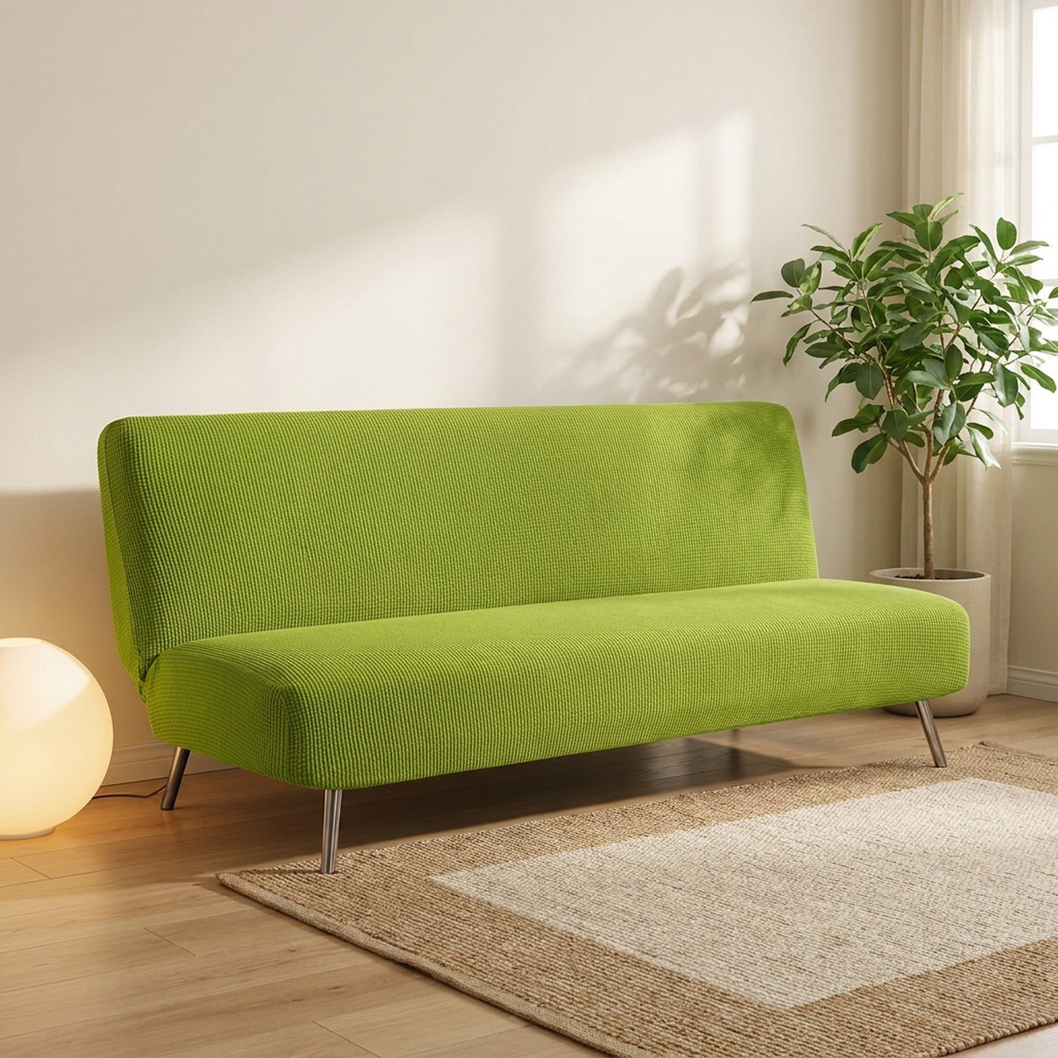 Housse de canapé convertible vert sur une banquette sans accoudoirs