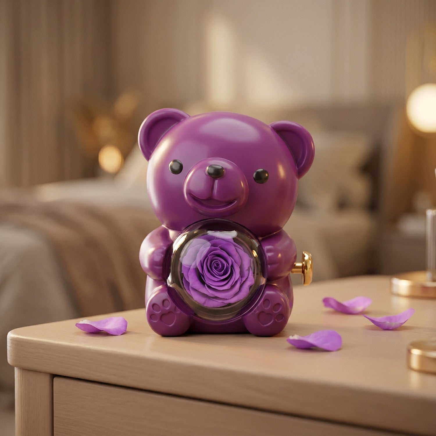 Boîte à bijoux ourson violet avec rose pivotante