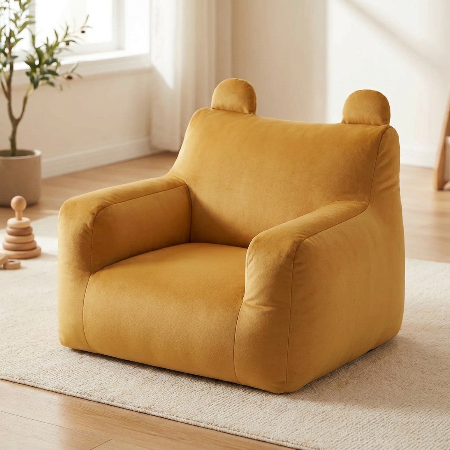 Fauteuil enfant en velours jaune moutarde aux oreilles mignonnes