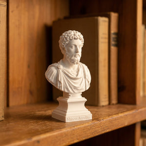 Buste de Marc Aurèle en PLA blanc taille 10 cm sur étagère en bois avec livres en arrière-plan