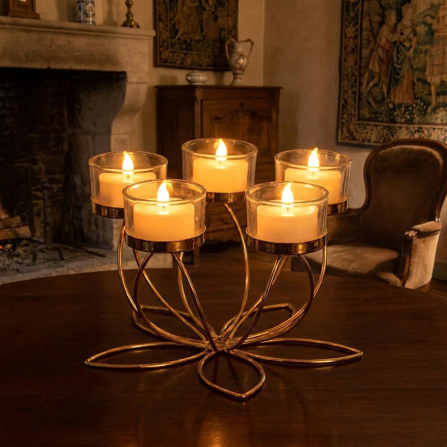 Bougeoir 5 bras lotus doré