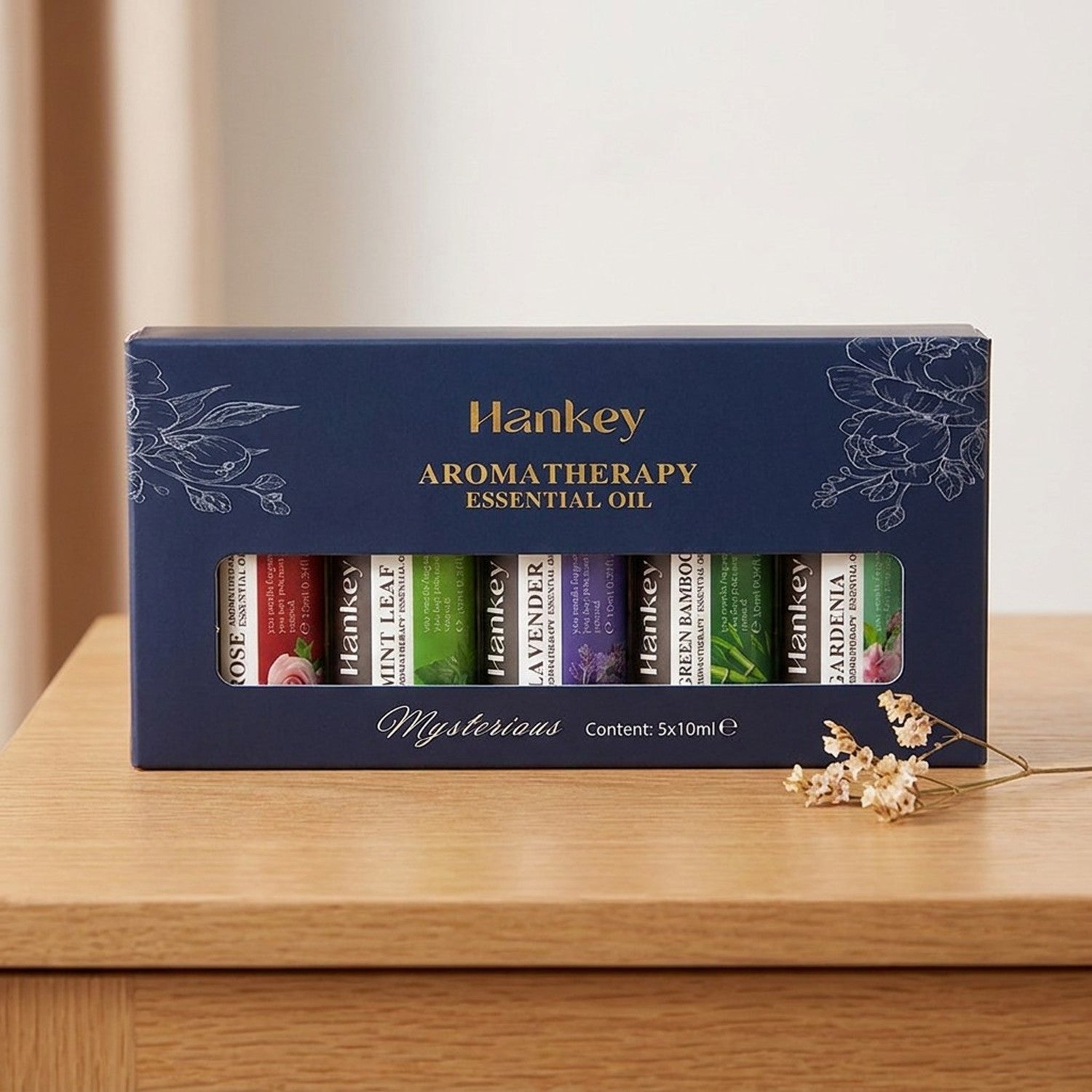 Coffret 5 huiles essentielles aromatiques bleu marine sur bois