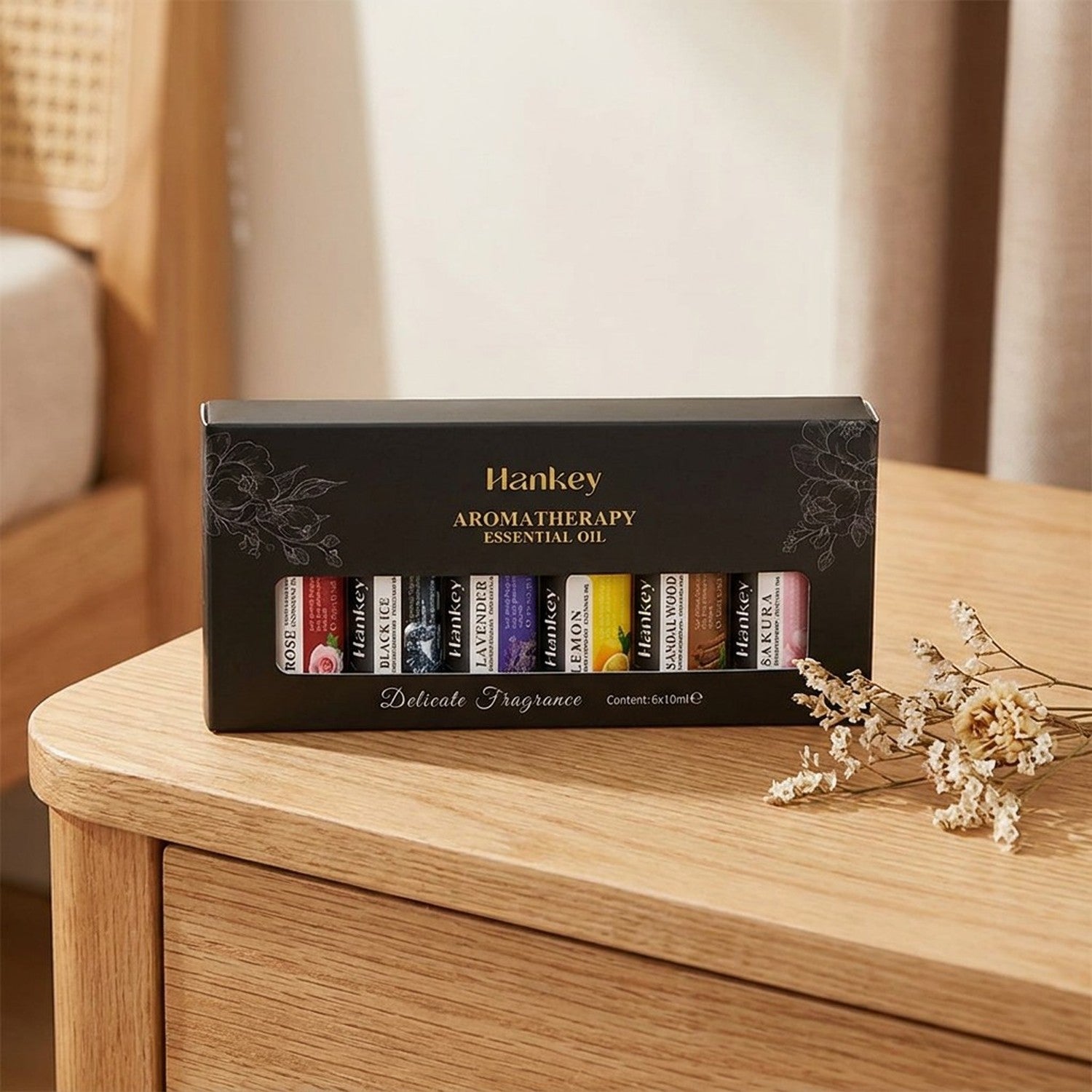 Coffret 6 huiles essentielles aromatiques noir sur bois