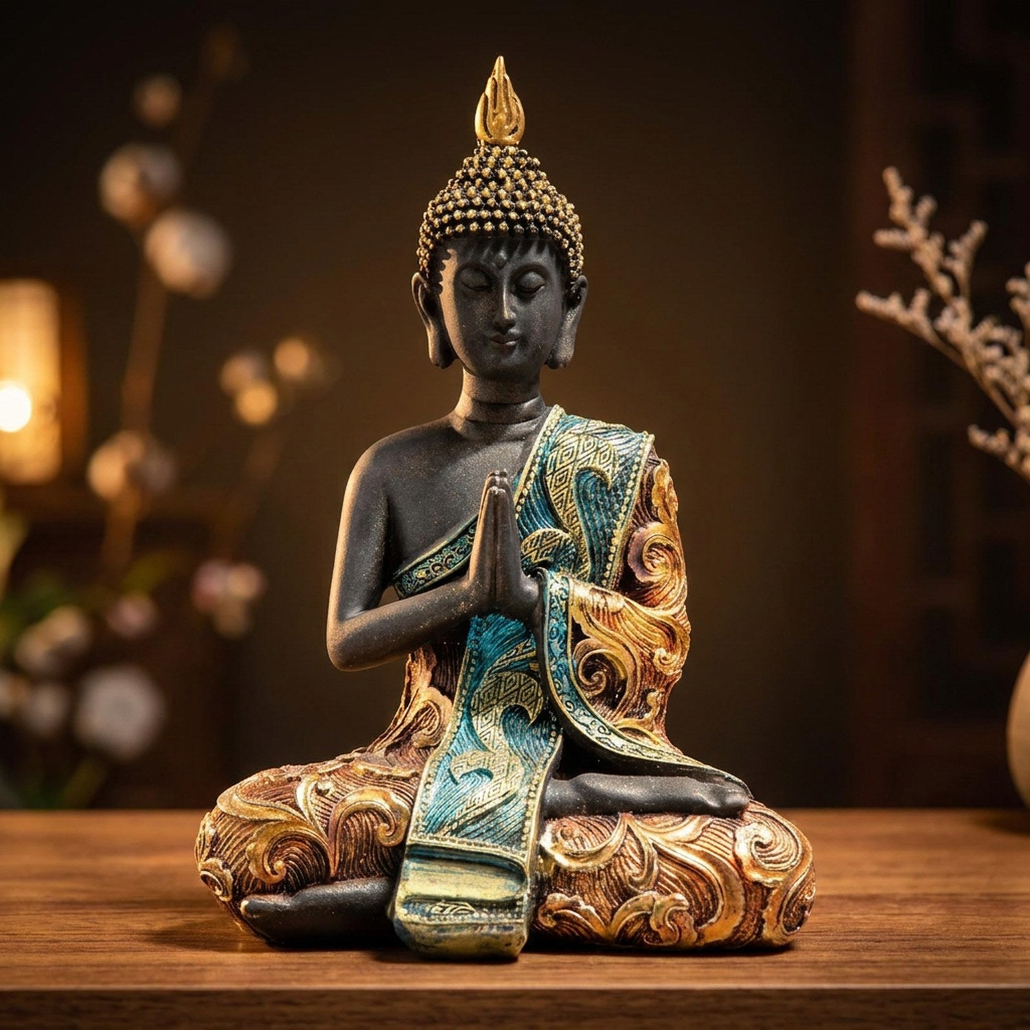 Statue bouddha thaï résine noire taille L 38cm, sculpture feng shui grand format