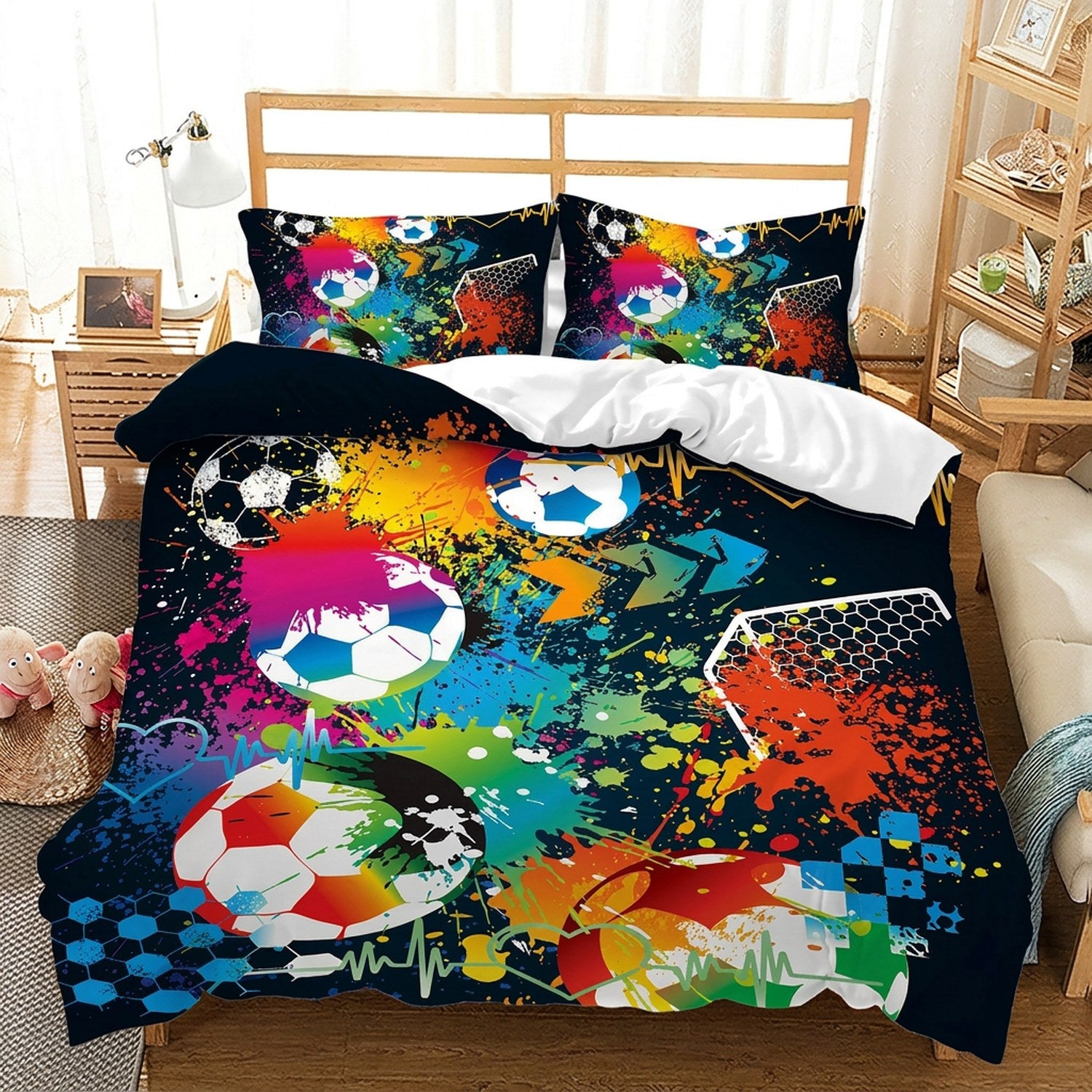 Housse de couette de football multicolore effet peinture éclaboussée sur fond marine