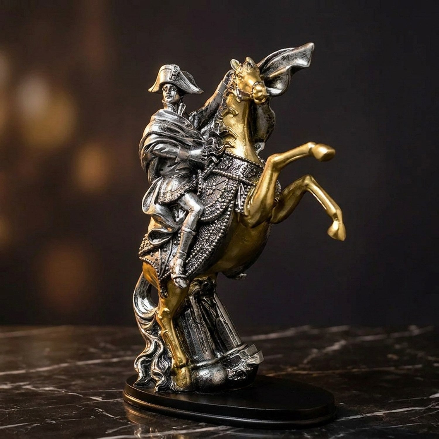 Statue Napoléon à cheval variante Argenté finition bicolore argent et or