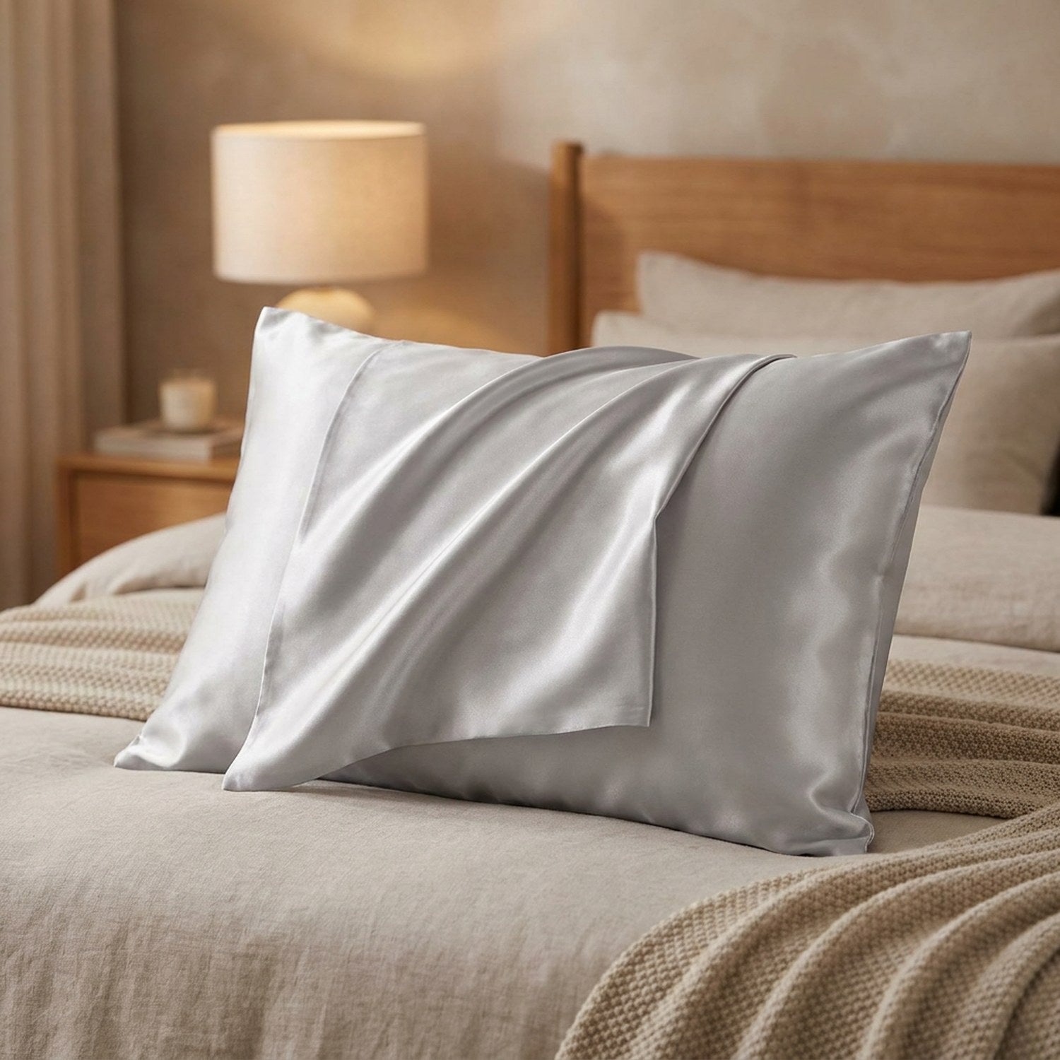 Taie d'oreiller en satin argenté froissée sur un lit