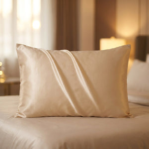 Taie d'oreiller en soie beige froissée sur un lit