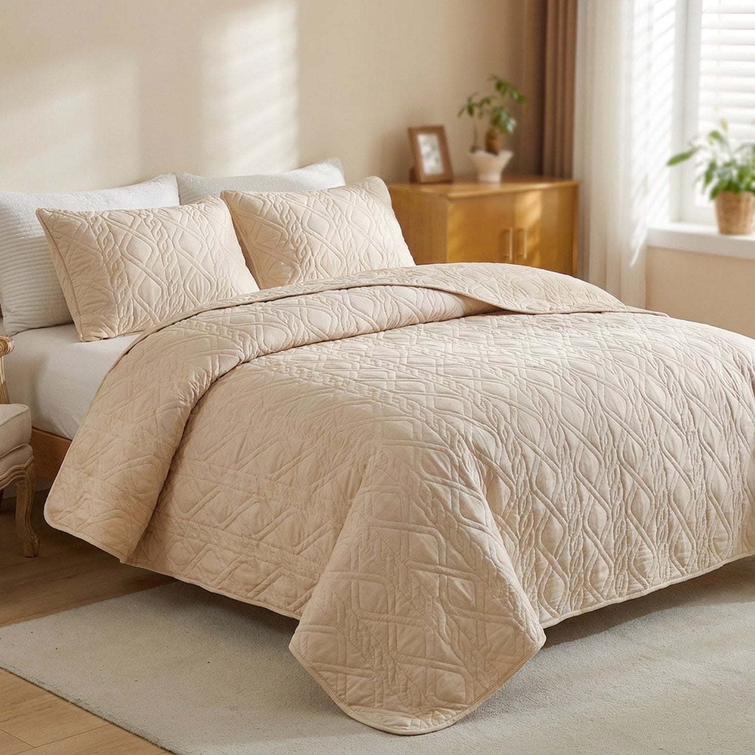 Couvre-lit matelassé beige avec taies d'oreiller sur un lit
