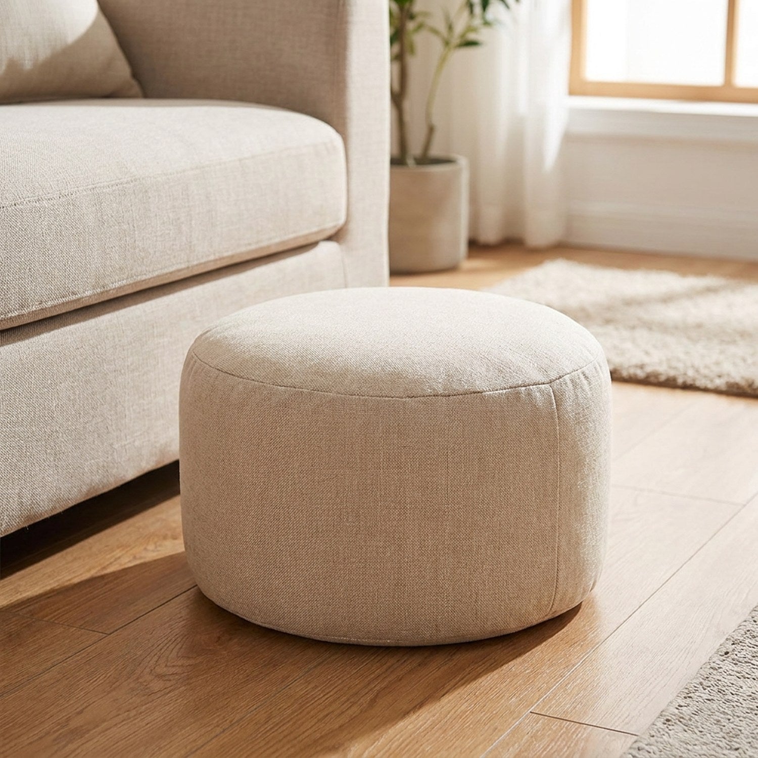 Pouf tabouret rond en lin coloris beige