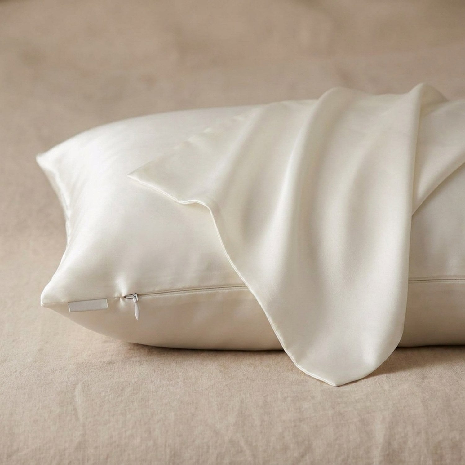 Taie d'oreiller en soie blanche posée sur un tissu de lin beige